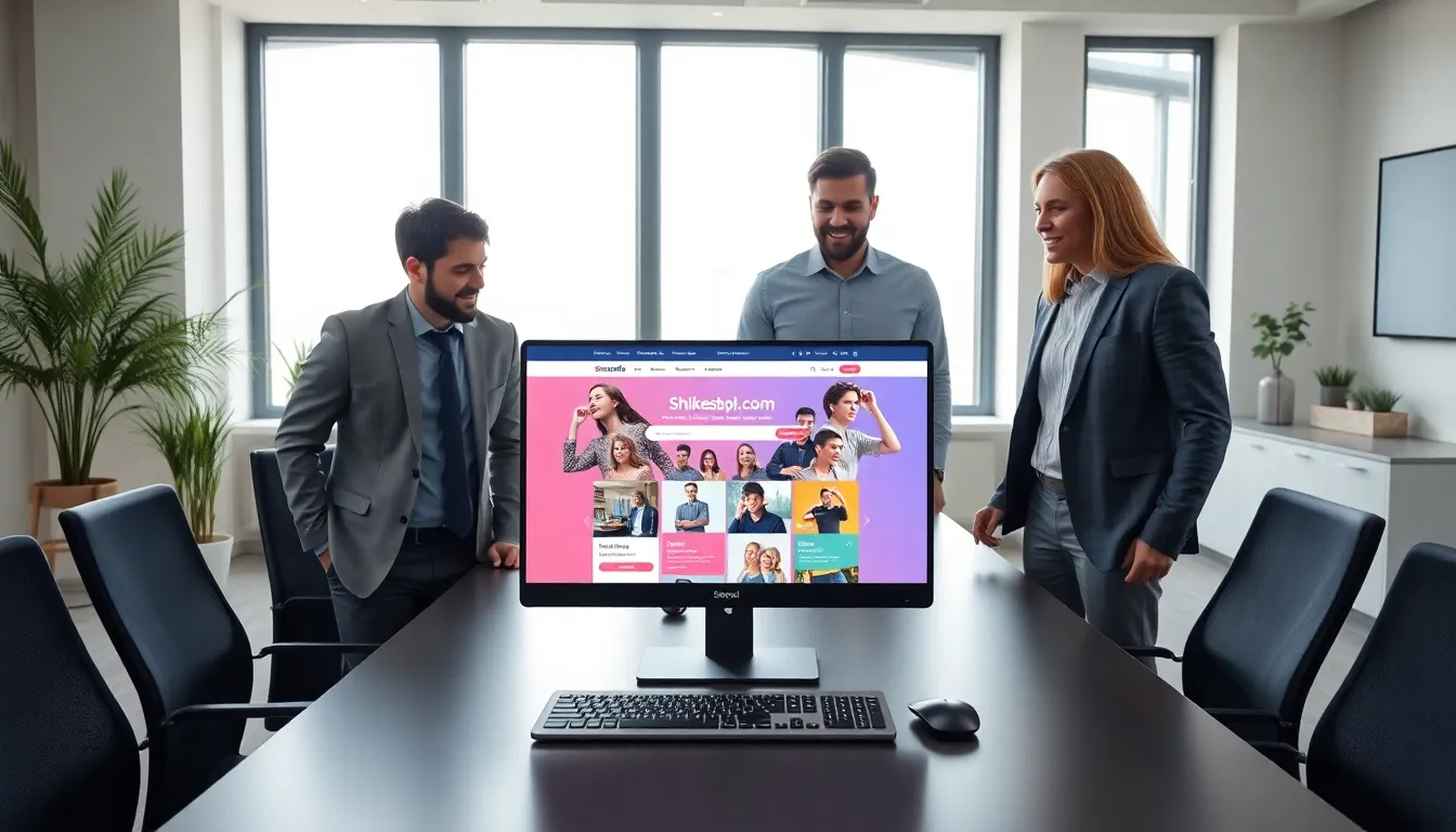 diverse professionals at a modern desk discussing an interactive website.